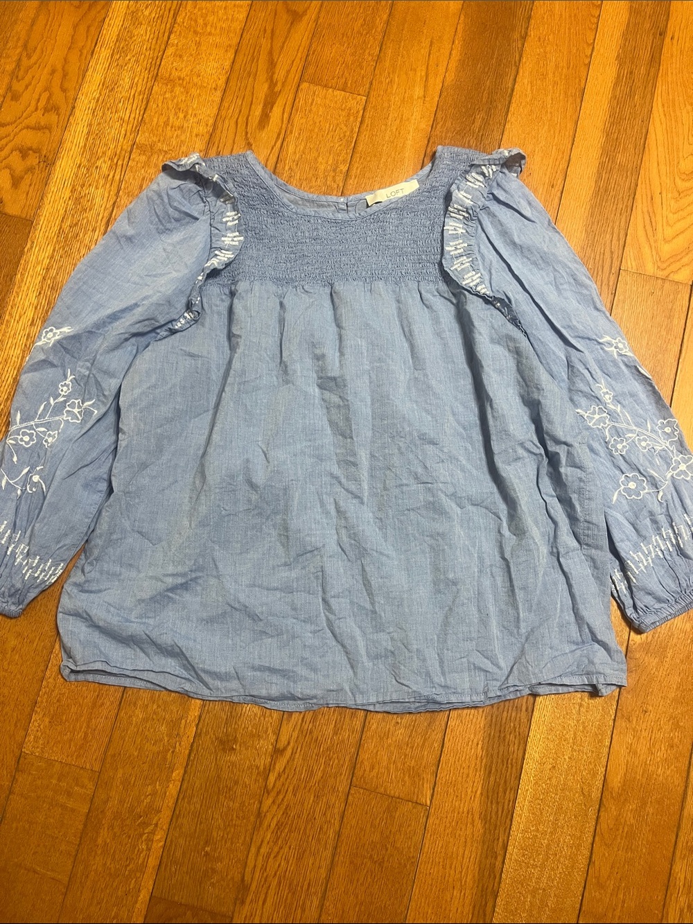 LOFT Light Blue Floral Embroidered Smocked Yoke Blouse